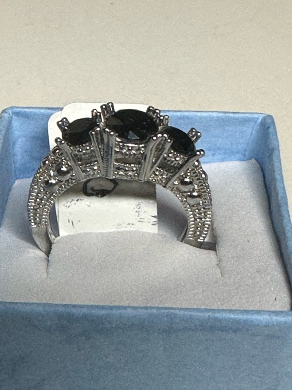Sterling Silver Black Stone Triple Halo Ring